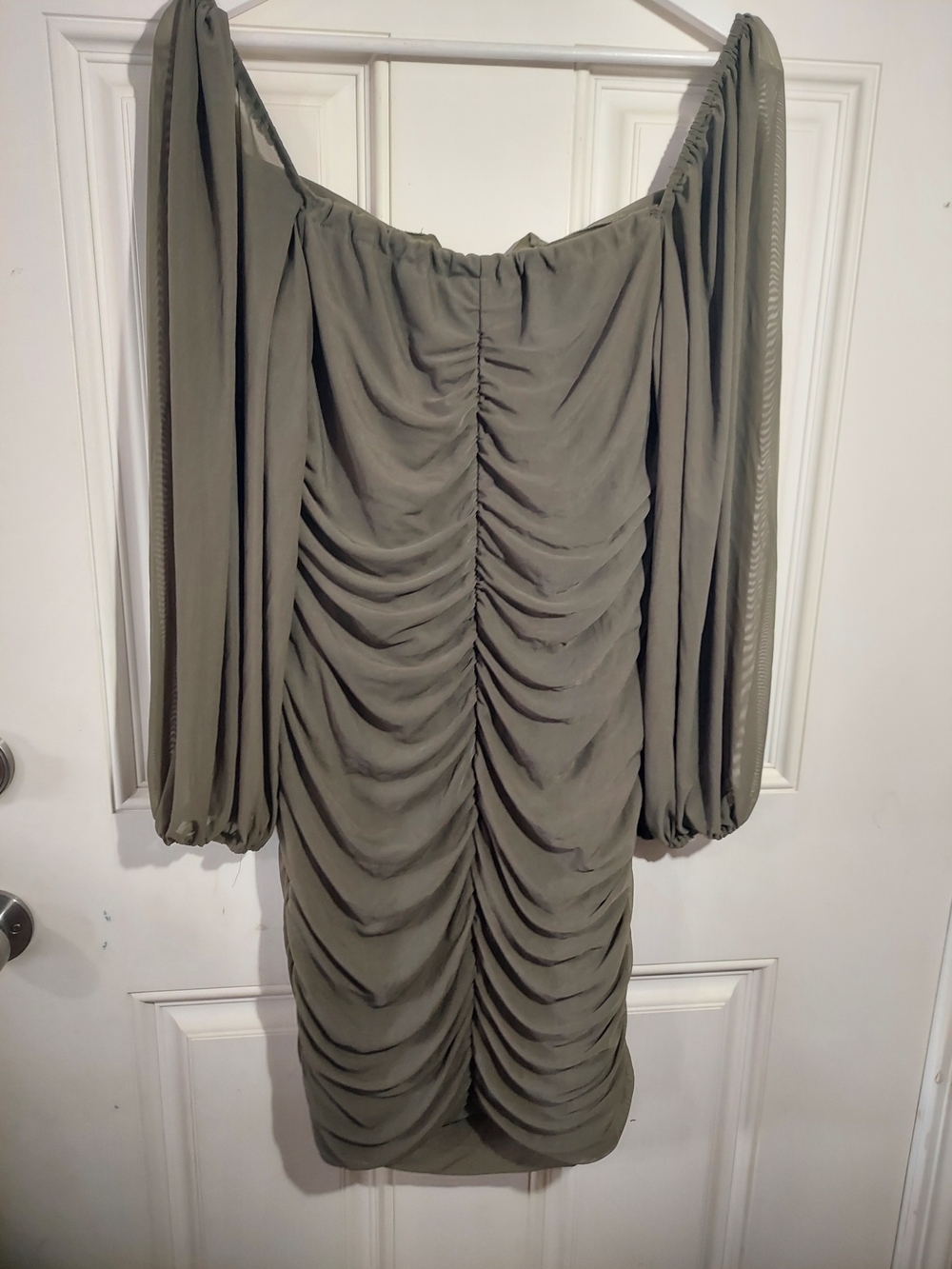 BloomChic Olive Off-Shoulder Ruched Mini Dress - Picture 7 of 7